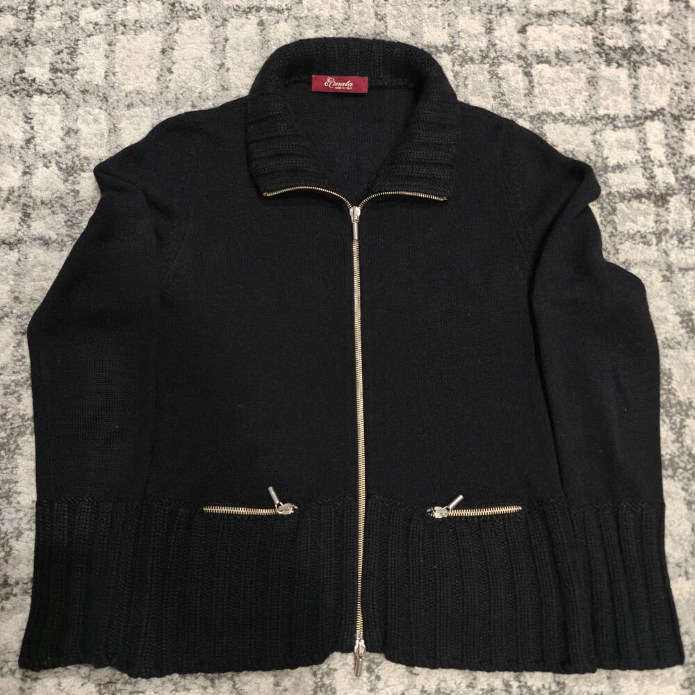 Emata Italy 100% Cashmere Full Zip Cardigan Sweater Heavy Silver Hardware Black